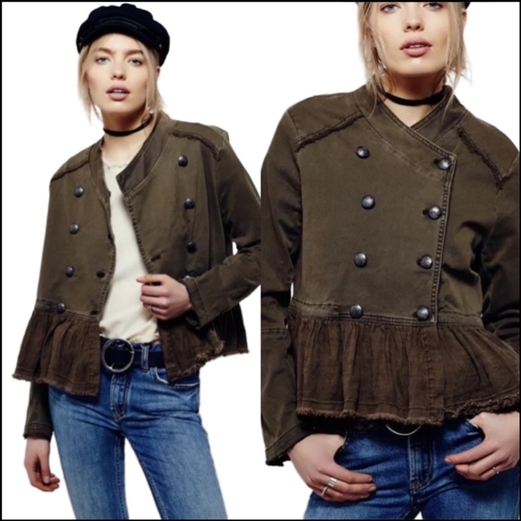 FREE PEOPLE OLIVE RUFFLE-TRIM PEPLUM MILITARY JACKET Sz S - Picture 4 of 12